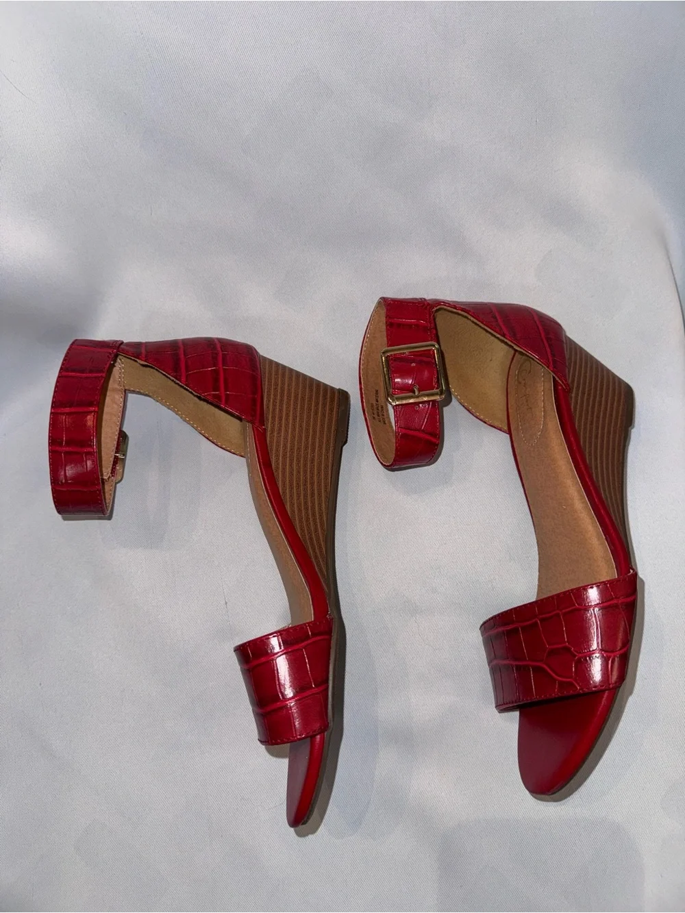 Comfort 1946 Sandals for Women Red Croc-Embossed Look Ankle Strap Wedge Sandals